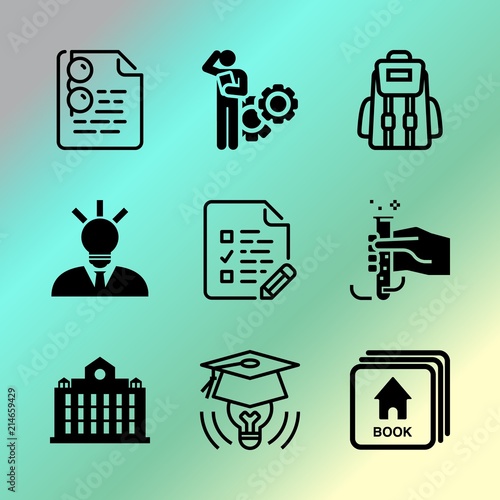 Vector icon set about education with 9 icons related to notebook, pencil, graduate, pack, view, glassware, quiz, writing, test and art