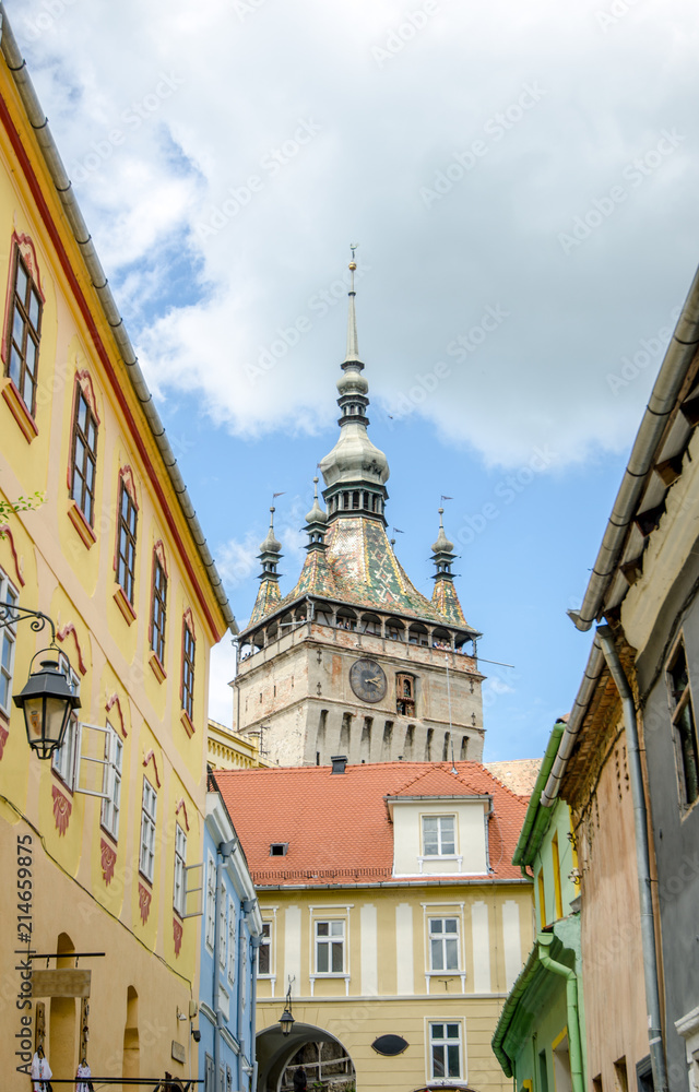 Obraz premium Sighisoara Clock Tower and other beautiful historic buildings in this beautiful Romanian city