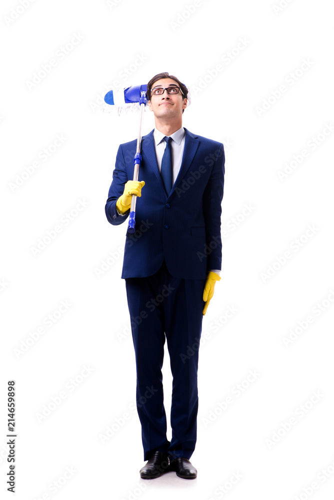 Handsome businessman with the mop isolated on white background Handsome businessman with the mop isolated on white background