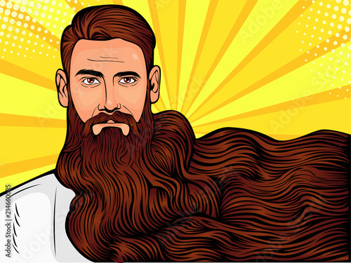 Vector pop art illustration of a brutal bearded man, macho with very long beard over all image