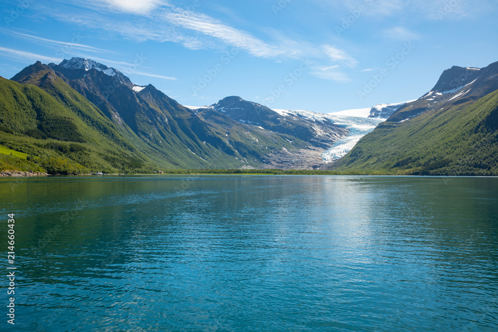 Plakat Lake Svartisvatnet in Helgeland, Nordland, Norway, with Svartisen glacier in the background