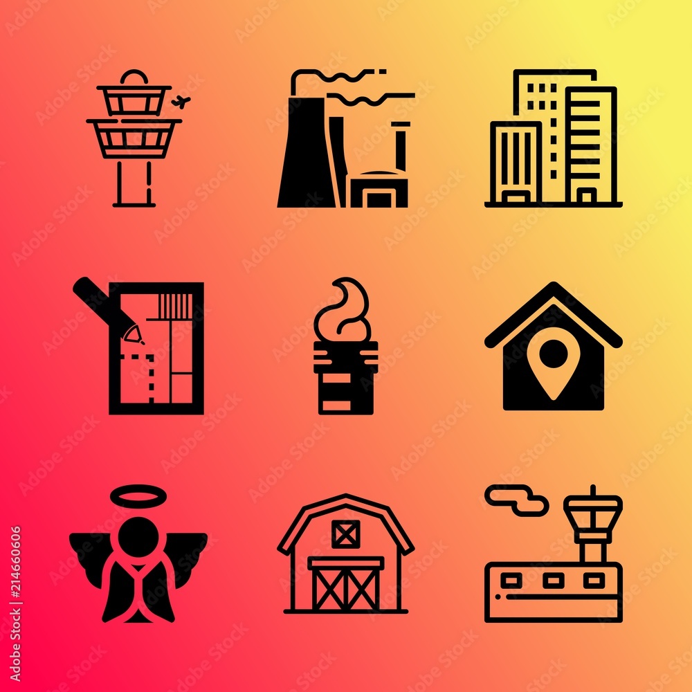 Vector icon set about building with 9 icons related to mark, street, residential, plan, view, office, pollution, center, wait and direction Vector icon set about building with 9 icons related to mark, street, residential, plan, view, office, pollution, center, wait and direction
