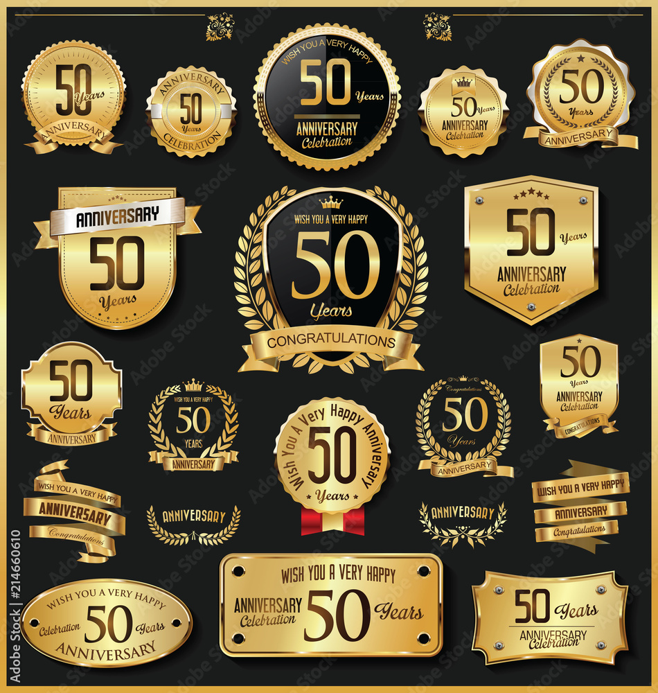 Anniversary retro vintage golden badges and labels vector 50 years - obrazy, fototapety, plakaty 