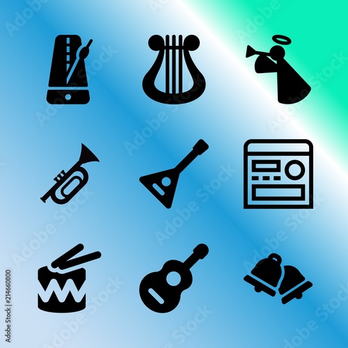 Vector icon set about music player with 9 icons related to broadcasting, alarm, object, bass, jingle, fm, simple, loud, blowing and nostalgia