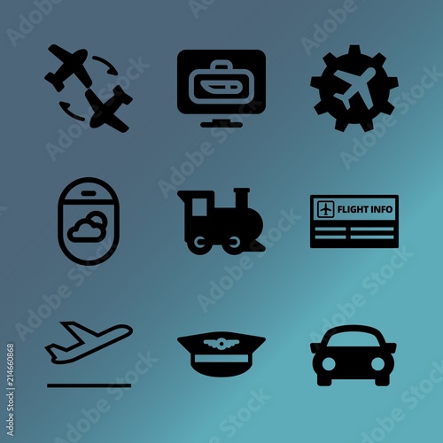 Vector icon set about transport with 9 icons related to lorry, creative, hall, commuter, speed, art, wing, building, transit and simple