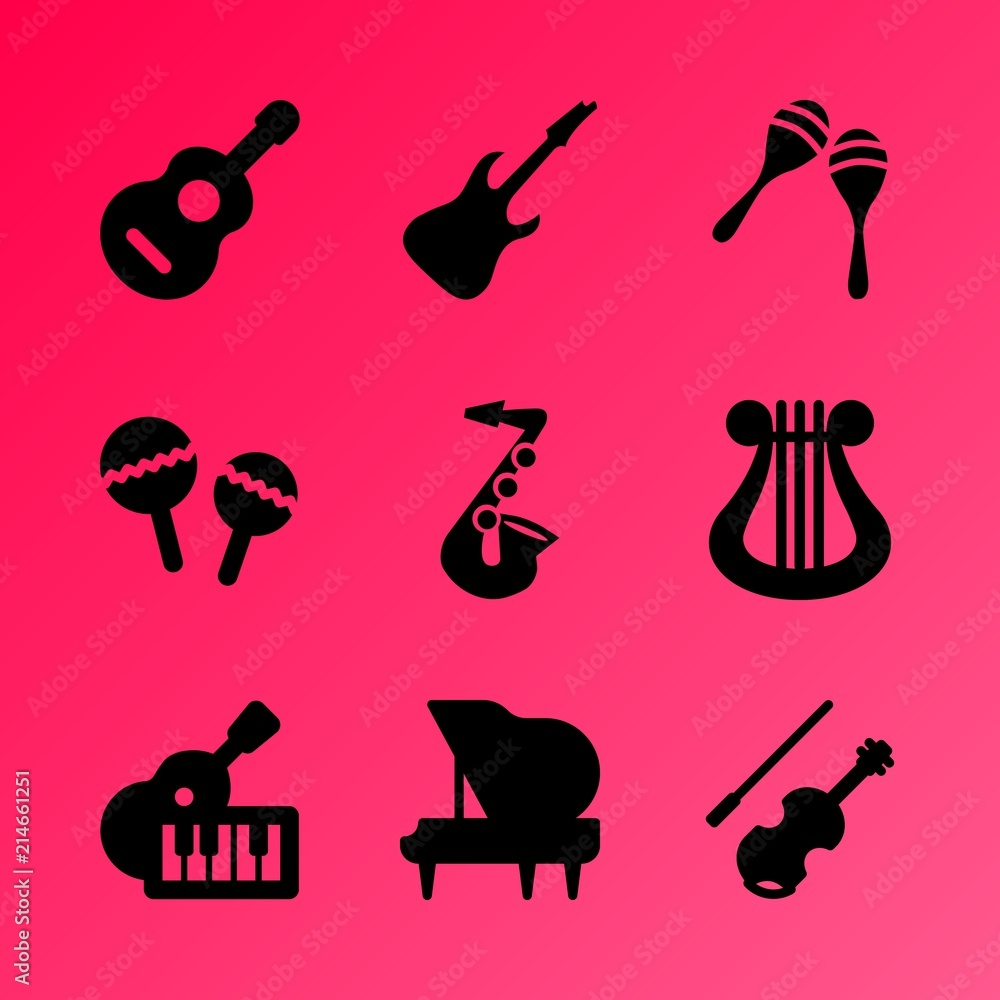 Vector icon set about music instruments with 9 icons related to decoration, symbol, icon, guitar, fiddle bow, fiddle, texture, song, musician and music instruments