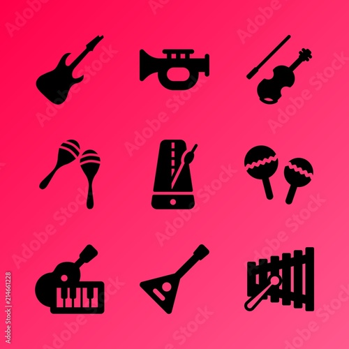 Vector icon set about music instruments with 9 icons related to mallet, maracas, decoration, stick, guitar, trumpet, fiddle, instrument, color and object
