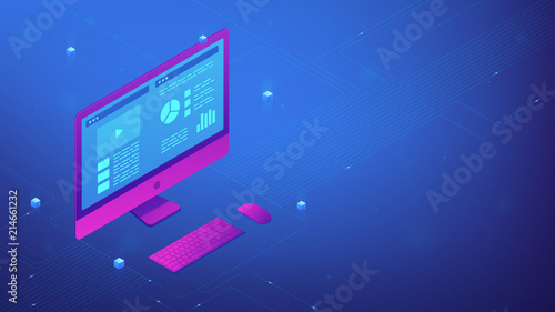 Isometric personal computer with interface data on the screen. PC UI, UX design and application software development. IT business and digital technology concept. Ultraviolet vector 3d illustration. © Visual Generation