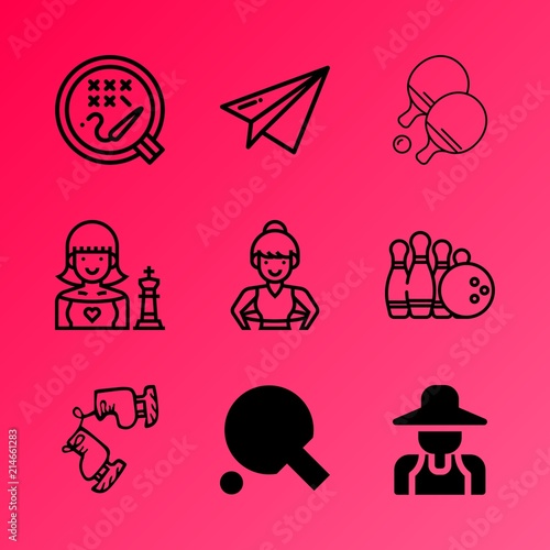 Vector icon set about hobby with 9 icons related to tailor, retro, equipment, gardening, natural, shovel, hit, outdoors, pattern and pair photo