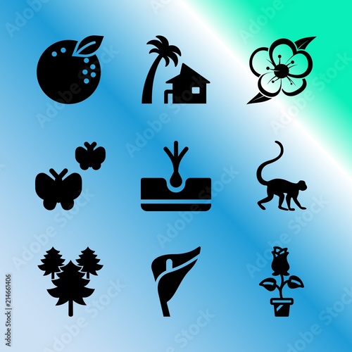 Vector icon set about gardening with 9 icons related to element, nutrition, light, sheet, foliage, beach, hill, color, sakura and vacation