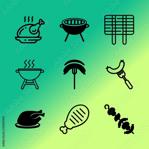Vector icon set about barbecue with 9 icons related to parsley, grill, red, metal, breakfast, rib, background, agriculture, skewers and appetizer