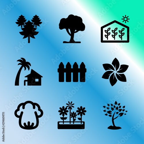 Vector icon set about gardening with 9 icons related to metal, barrier, scene, park, construction, autumn, grow, cultivation, sun and dieting