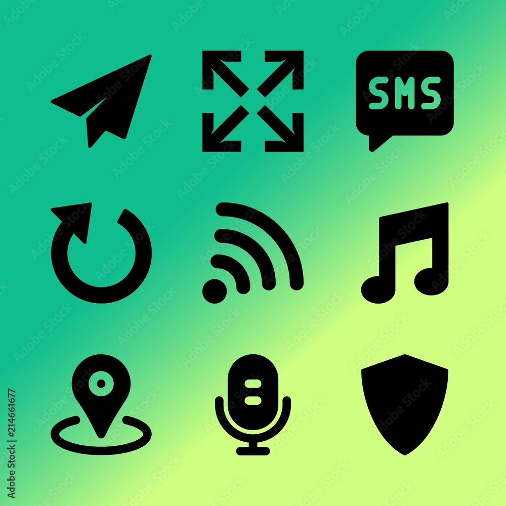Vector icon set about mobile device with 9 icons related to communication, illustration, spam, tech, open, conversation, code, protect, lock and software