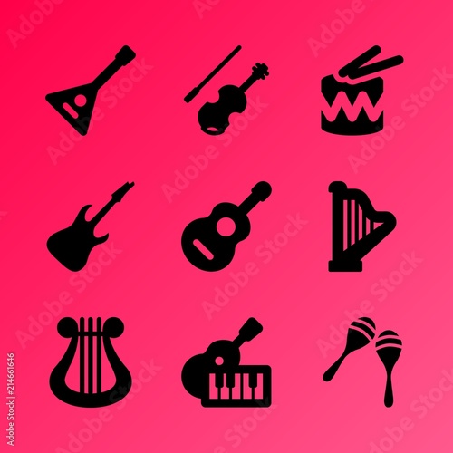 Vector icon set about music instruments with 9 icons related to composition, music, fiddle bow, artistic, gusli, classical, melody, white, musical and texture