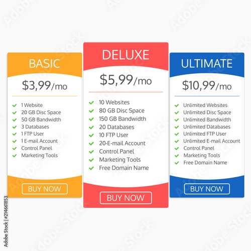 Pricing table template. Hosting plans comparison. Banners with tariff for websites and app. Vector illustration.