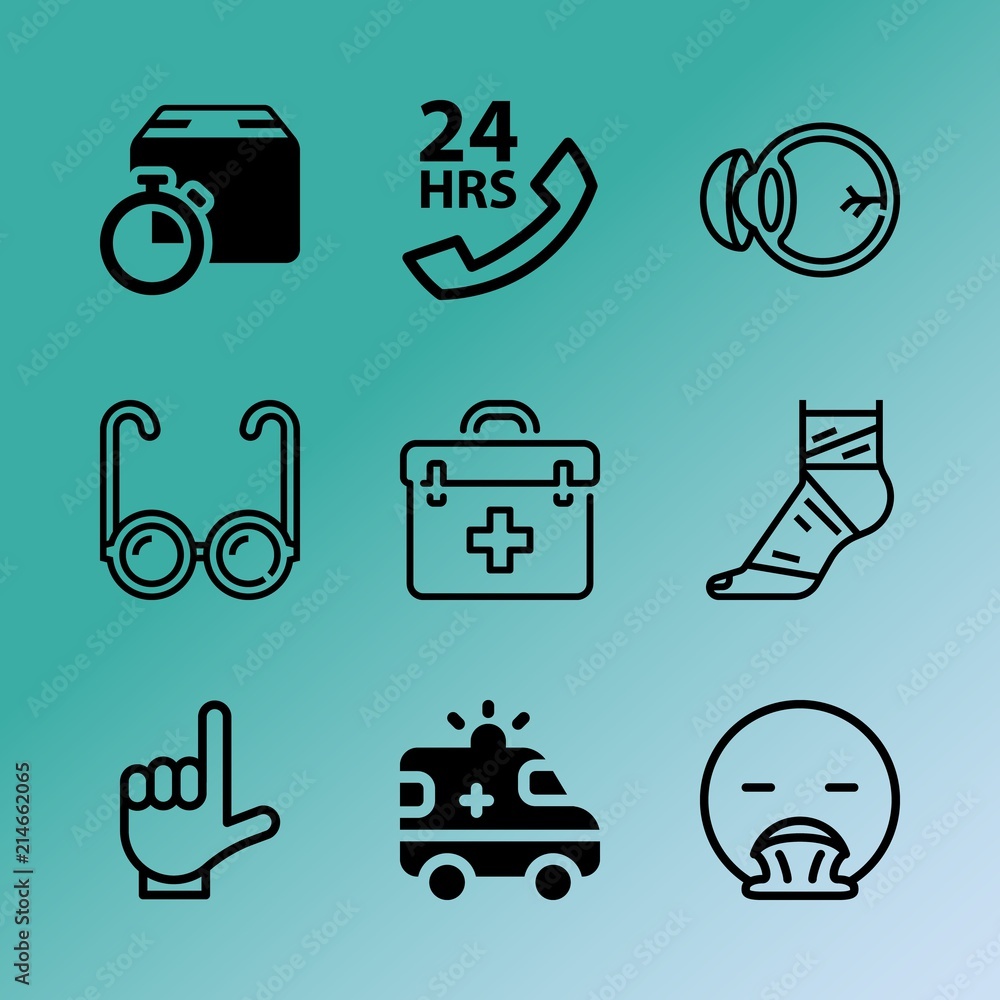 Vector icon set about medicine with 9 icons related to support, optical, recovery, square, broken, white, headache, emergency, arm and optometry Vector icon set about medicine with 9 icons related to support, optical, recovery, square, broken, white, headache, emergency, arm and optometry