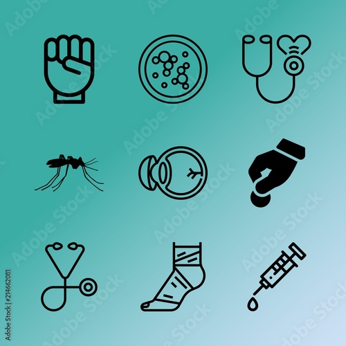 Vector icon set about medicine with 9 icons related to microbiology, bug, heartbeat, social, adult, black, disease, facial, blood and wealth photo