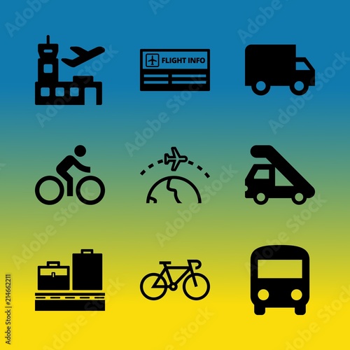 Vector icon set about transport with 9 icons related to accessibility, wheel, terminal, map, tower, traffic, driver, transportation, sea and automobile