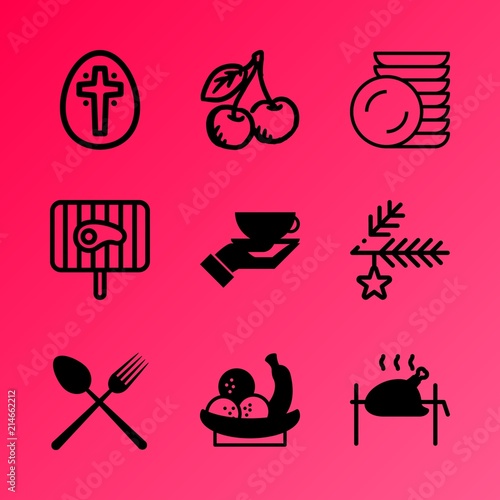 Vector icon set about food with 9 icons related to agriculture, blank, web, holding, tray, bird, strawberry, setting, smoke and weekend