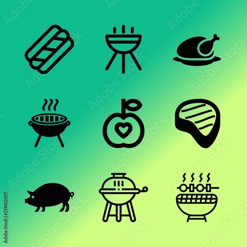 Vector icon set about barbecue with 9 icons related to bread, delicious, home, fire, rosemary, family, rustic, coffee, crispy and hot-dog