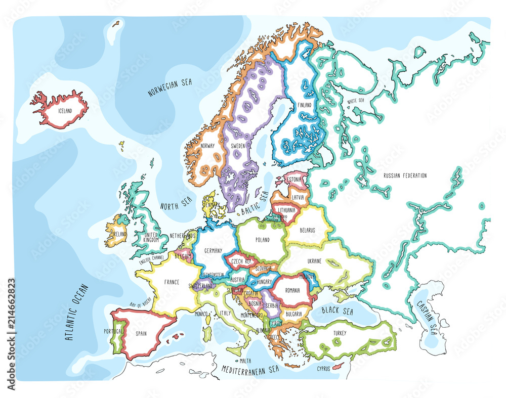 Fototapeta premium Colorful hand drawn vector map of Europe