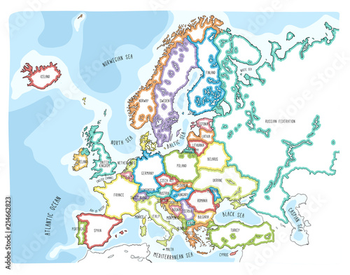 Colorful hand drawn vector map of Europe