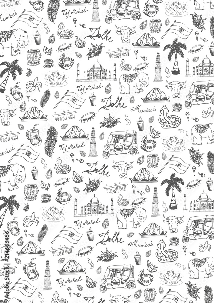 India travel background with indian Hand drawn doodles. Vector illustration.