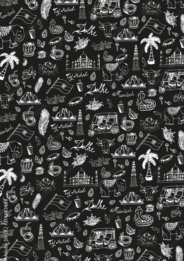 India travel background with indian Hand drawn doodles. Vector illustration. India travel background with indian Hand drawn doodles. Vector illustration.