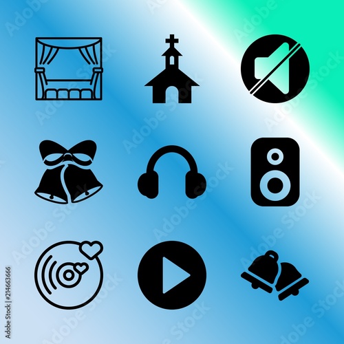 Vector icon set about music player with 9 icons related to holiday, headset, disc, musician, label, microphone, drawn, gadget, faith and tower