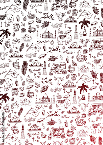 India travel background with indian Hand drawn doodles. Vector illustration.
