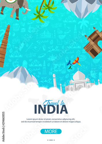 India travel banner. Indian Hand drawn doodles on background. Vector illustration.