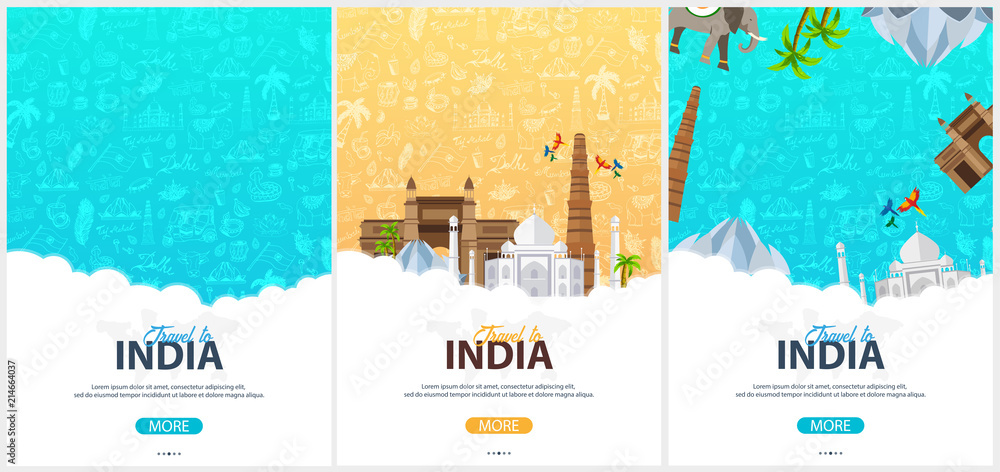 Naklejka premium Set of India travel banners. Indian Hand drawn doodles on background. Vector illustration.