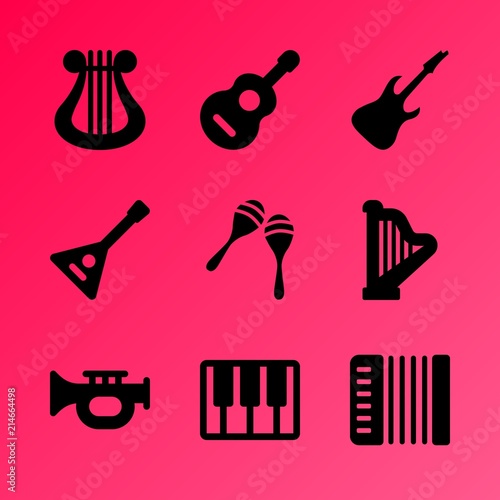 Vector icon set about music instruments with 9 icons related to illustration, modern, festival, entertainment, harmonic, note, gusli, piano, background and isolated