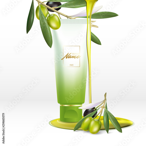 Design cosmetics product advertising for catalog, magazine. Mock up of cosmetic package. Moisturizing cream, gel, milk body lotion with coconut oil.