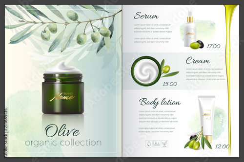 Design cosmetics product advertising for catalog, magazine. Mock up of cosmetic package. Moisturizing cream, gel, milk body lotion with coconut oil.