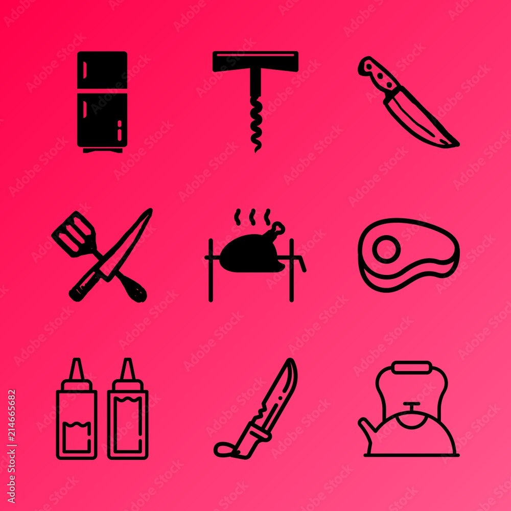 Vector icon set about kitchen with 9 icons related to sharp, celebration, large, pub, metal, kettle, cool, morning, blur and fork