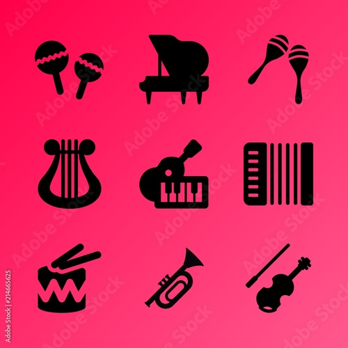 Vector icon set about music instruments with 9 icons related to isolated, decoration, concept, key, texture, bass, clef, silhouette,  music and harmonic