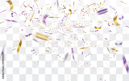 Realistic falling bokeh golden and purple confetti isolated on transparent checkered background.Vector illustration.