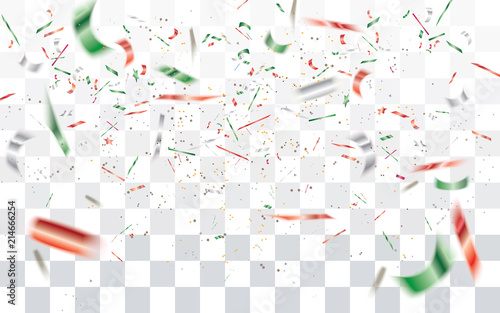 Realistic falling bokeh white,red and green confetti isolated on transparent checkered background.Vector illustration.