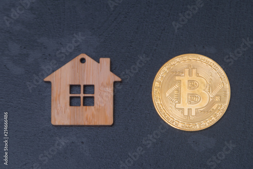 toy wooden house and bitcoin