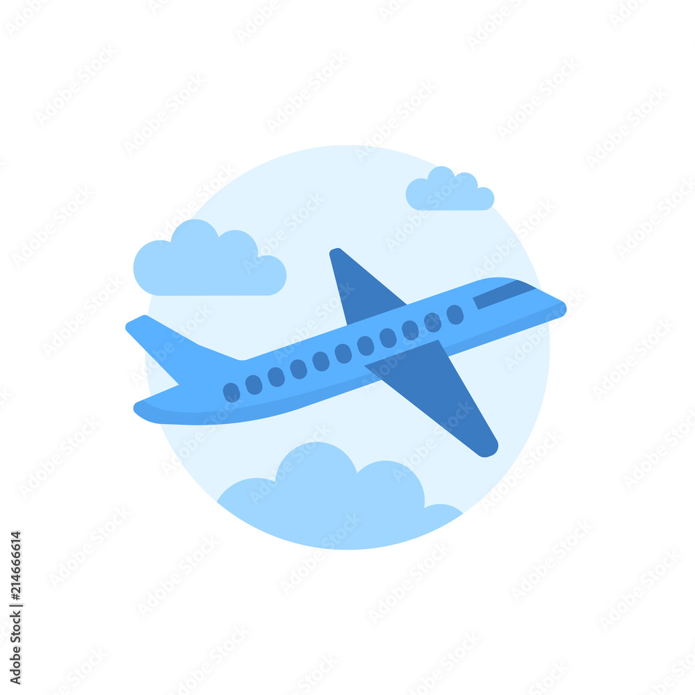 Flat airplane with clouds illustration, view of a flying aircraft