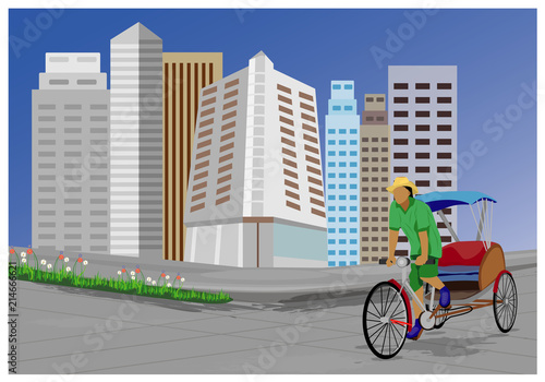 workman with three wheel bicycle in city vector design