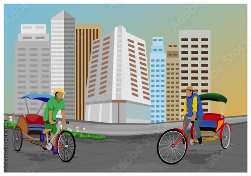 workman with three wheel bicycle in city vector design