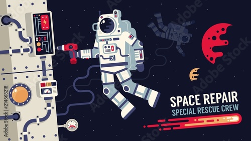 Astronaut in  spacesuit repair a spaceship in outer space - Illustration of flat design.