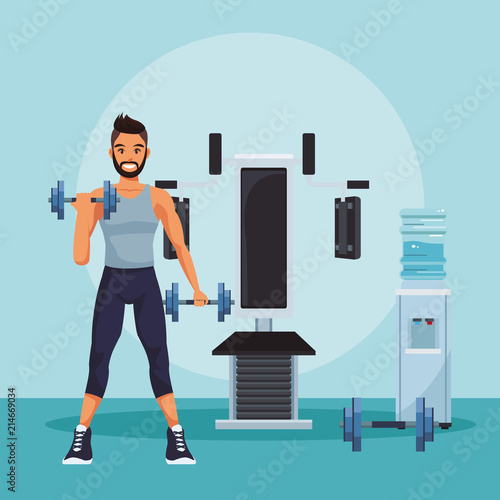 Young and fitness man lifting dumbbells at gym vector illustration graphic design