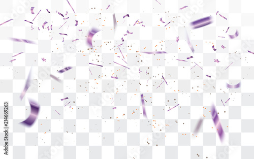 Realistic falling defocused purple confetti isolated on transparent checkered background.Vector illustration.
