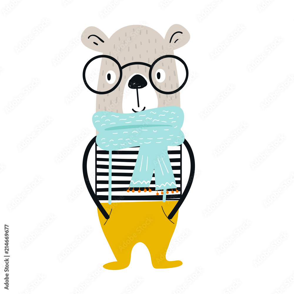 Cute hand drawn nursery poster with cartoon cool bear animal with glasses  and vest. Stock Vector | Adobe Stock