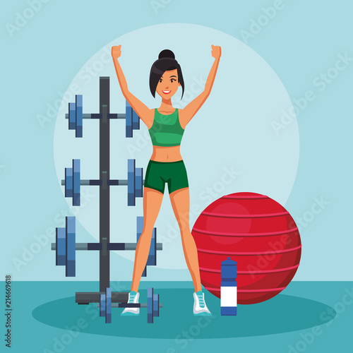 Young and fitness woman with dumbbells and ball vector illustration graphic design
