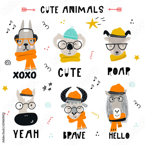 Photography Collection of cute kids cartoon animals with clothes, accessories and lettering in scandinavian style