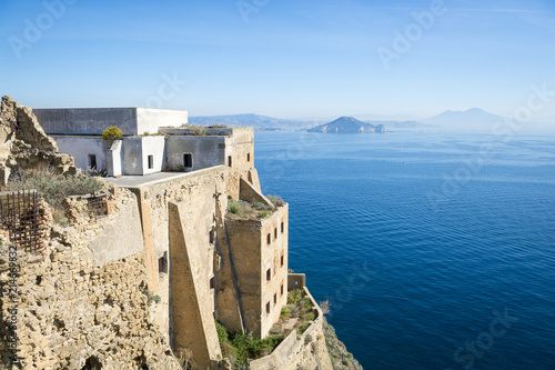 View from the abandoned walls of Terra Murata on Procida across the Bay of Naples to the mainland.